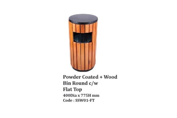 Powder Coated + Wood Bin Round c/w Flat Top