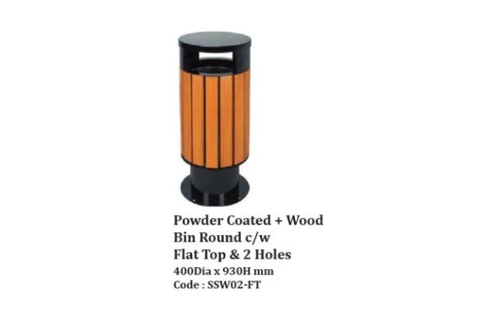 Powder Coated + Wood Bin Round cw Flat Top & 2 Holes